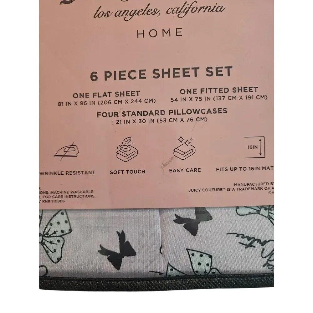 Juicy Couture 6 piece full size sheet set pink black white NIP Ribbons Bows NWT